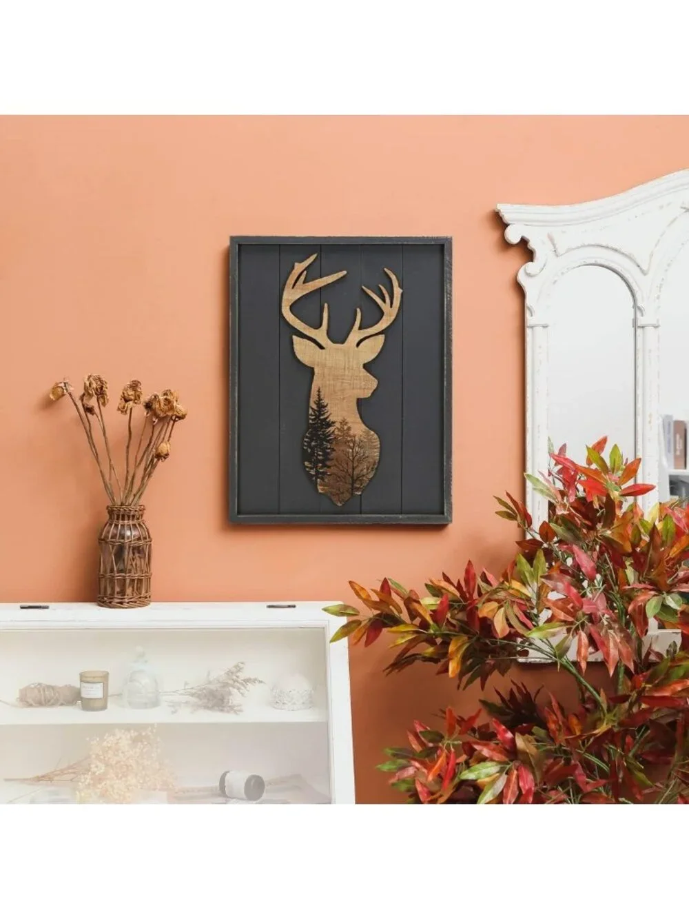 Rustic Deer Wall Art Print - Framed Woodland Cabin Decor for Bathroom, 16x21